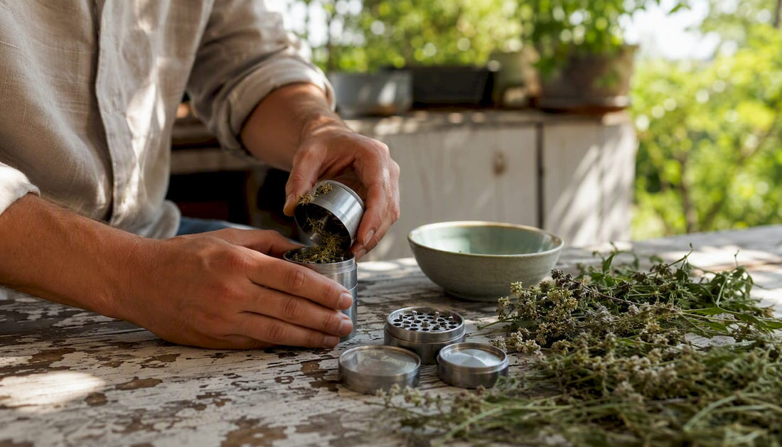 Hands grinding herb with metal grinder