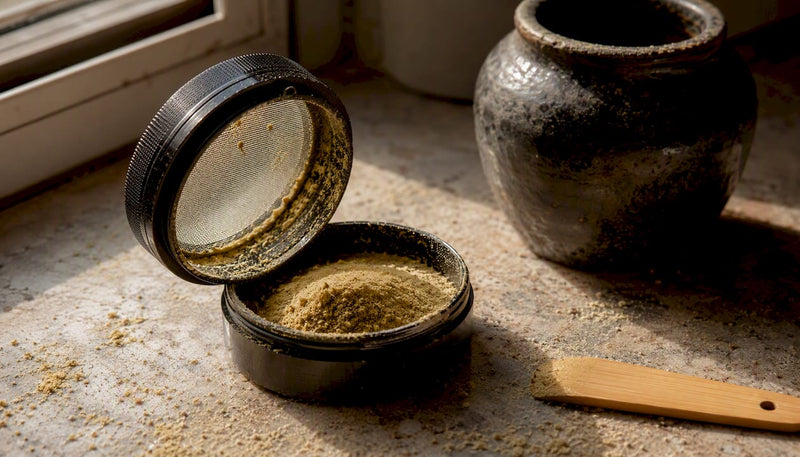 Close-up of cannabis grinder and collected kief