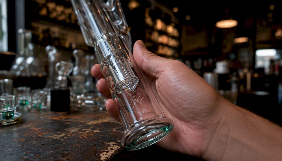 Close-up of artist signature on glass smoking piece
