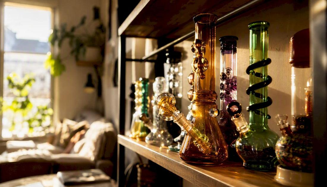 Artistic glass bongs displayed elegantly