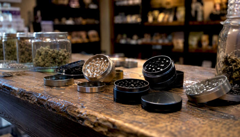Close-up of collectible metal herb grinders