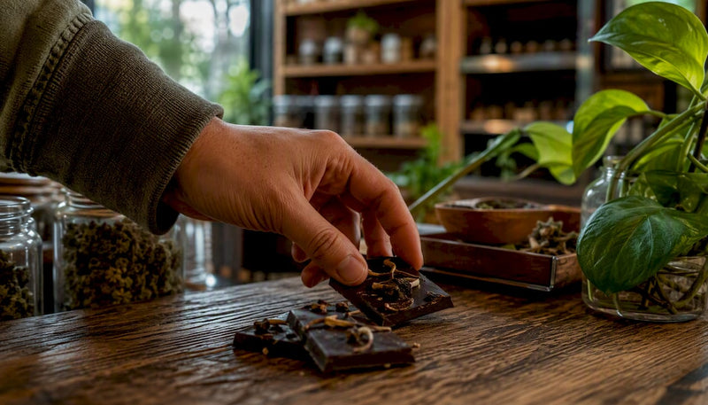 Hand unwrapping mushroom chocolate piece