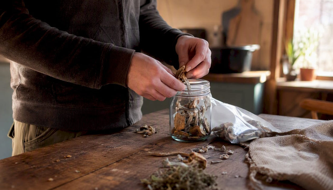 Hands placing dried mushrooms in jar with desiccant