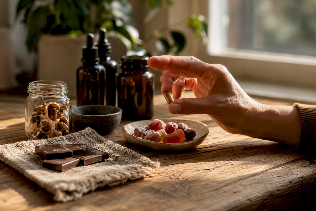 Variety of mushroom wellness products on wooden counter