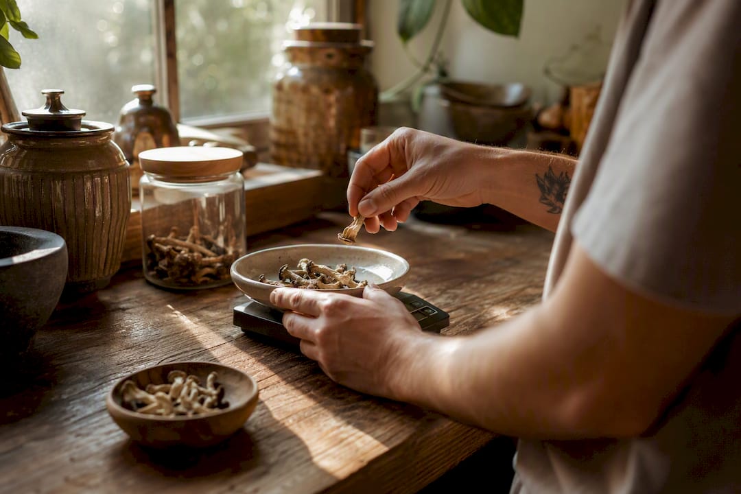 Hands measuring dried psilocybin mushrooms