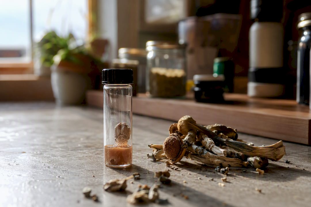 Vial and dried magic mushrooms on lab bench