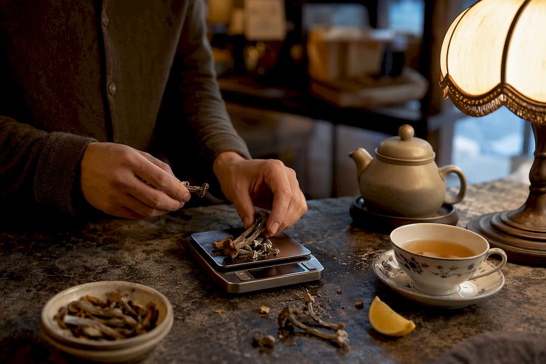 Hands weighing dried magic mushrooms and tea setup