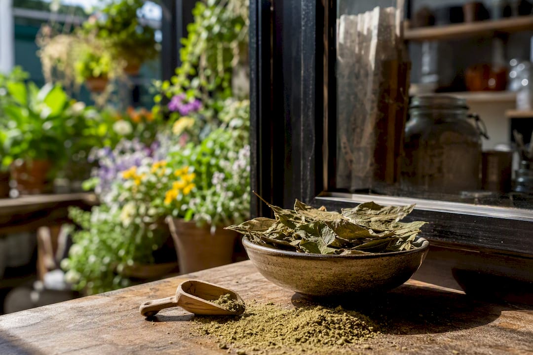 Dried kratom leaves and powder