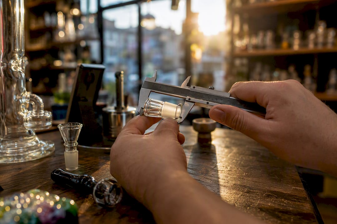 Hands measuring bong bowl joint size with caliper