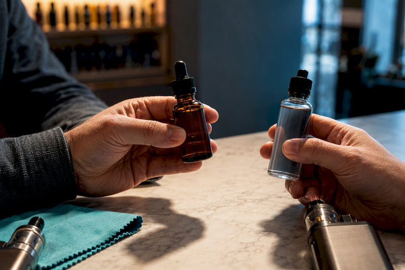 Hands comparing anonymous vape liquid setups