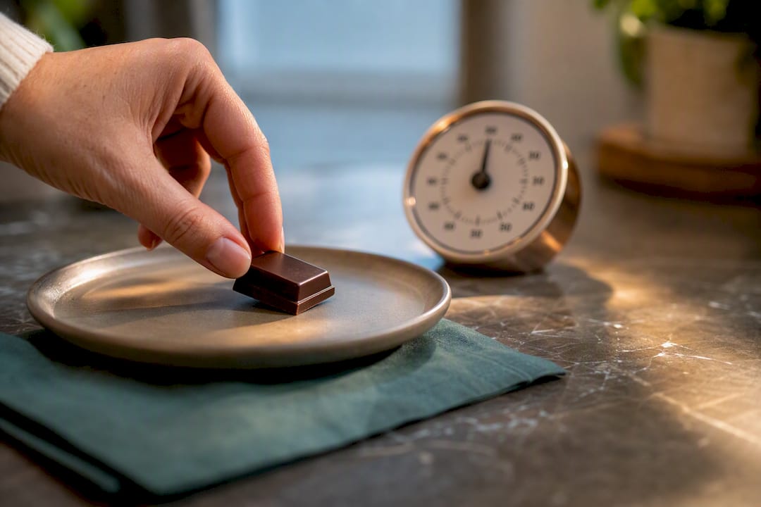 Dark chocolate portion beside a kitchen timer