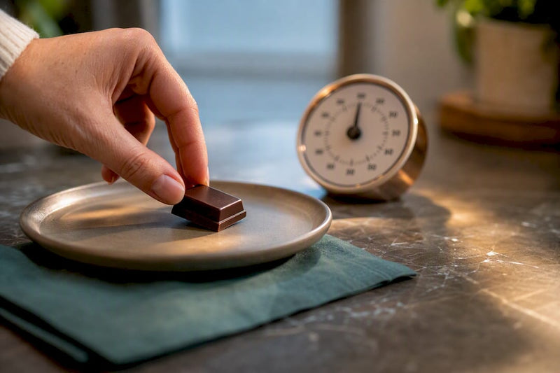 Dark chocolate portion beside a kitchen timer