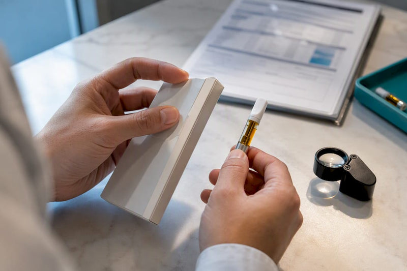 Hands checking vape cartridge documentation