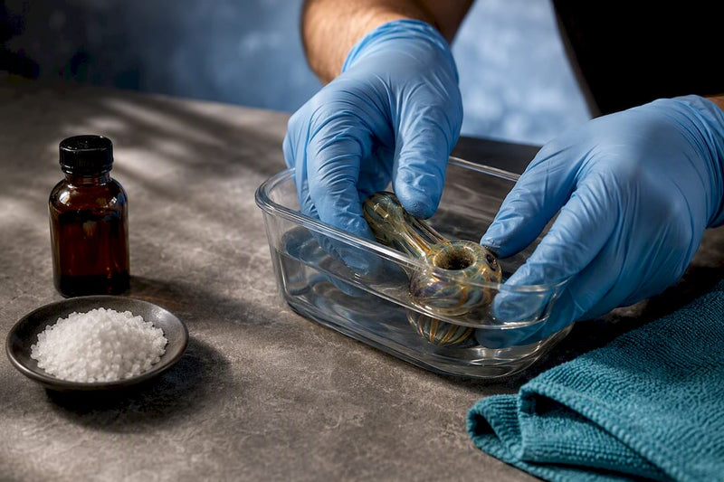 Hands cleaning a fumed glass pipe safely
