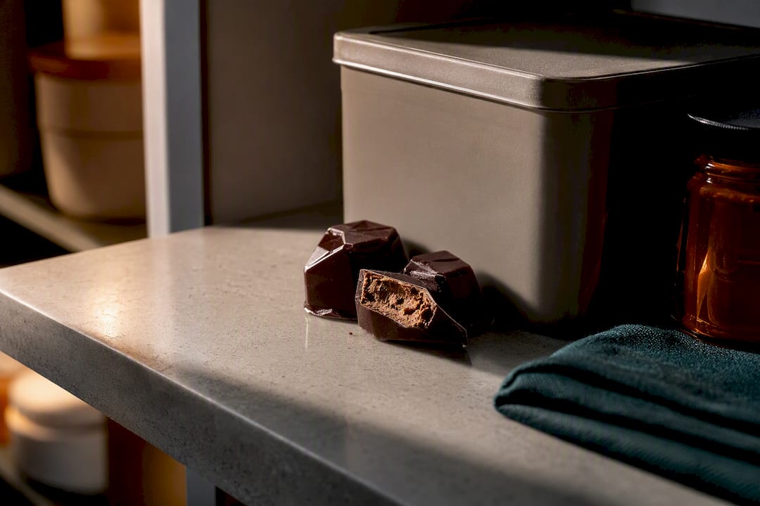 Chocolate pieces stored in a cool pantry
