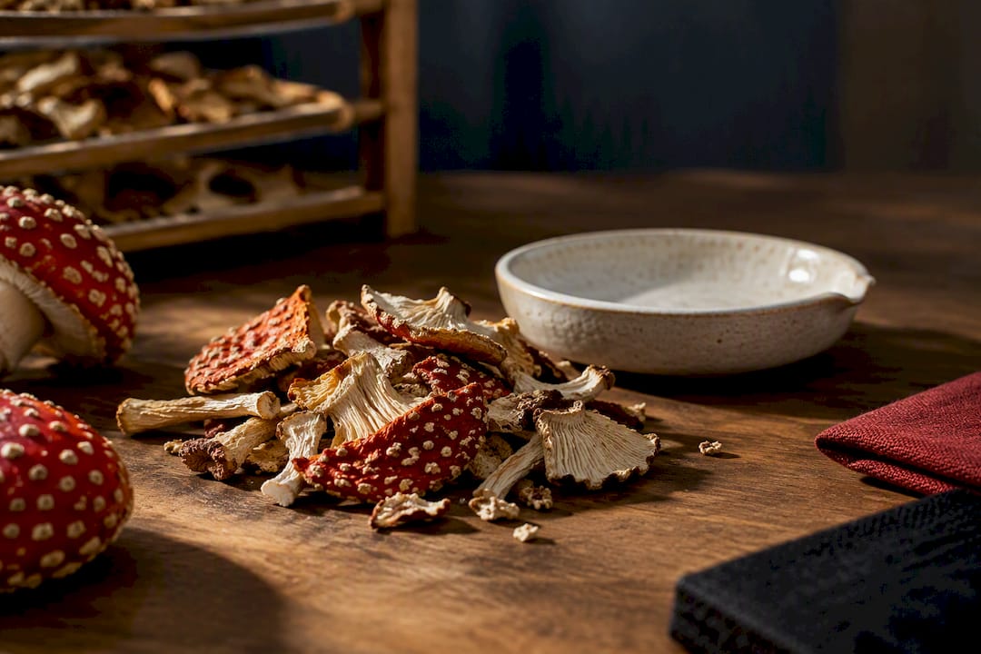 Dried Amanita mushroom fragments during preparation