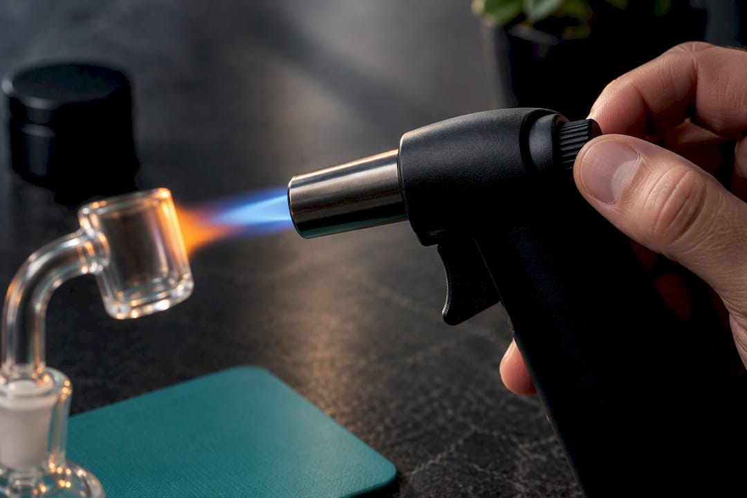Hand adjusting anonymous dab torch flame