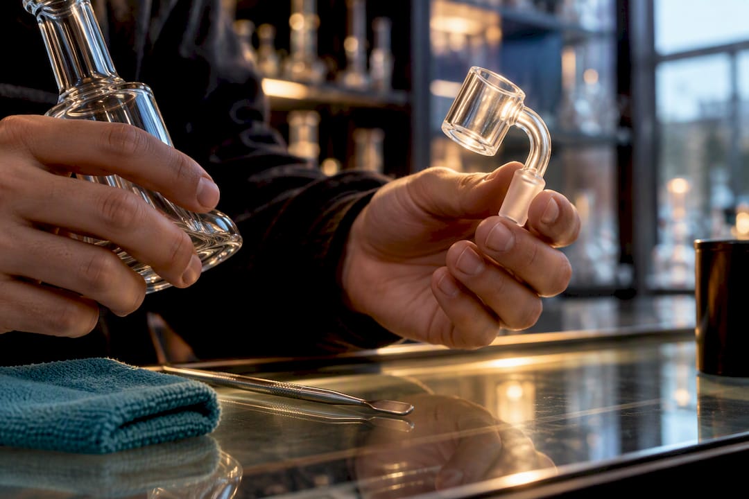 Hands comparing cropped glass and quartz accessories