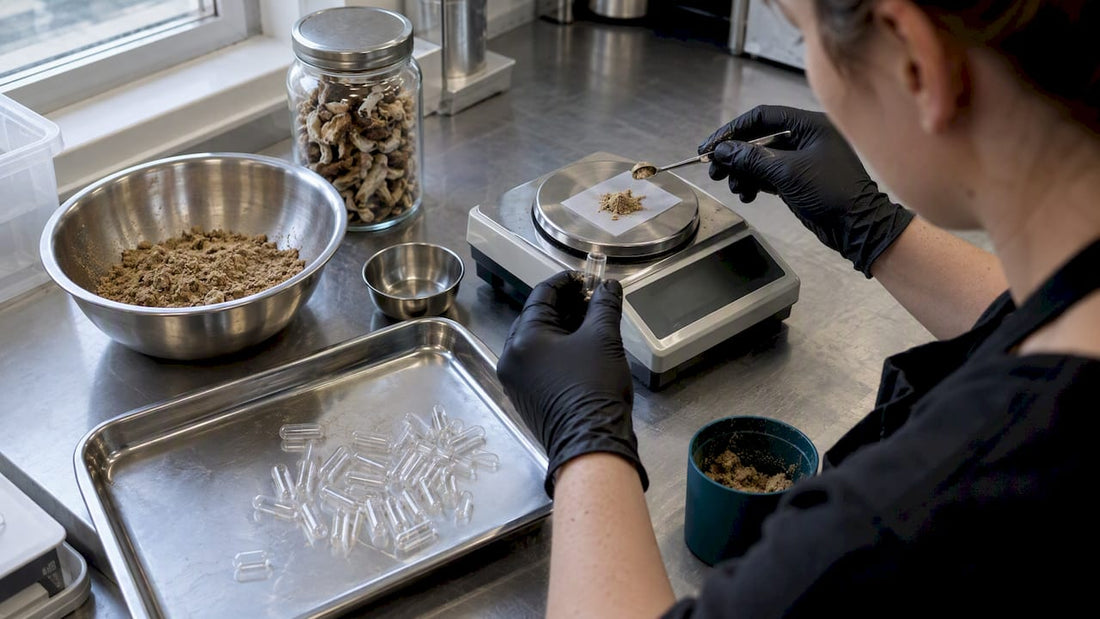 Technician measuring mushroom powder for capsules