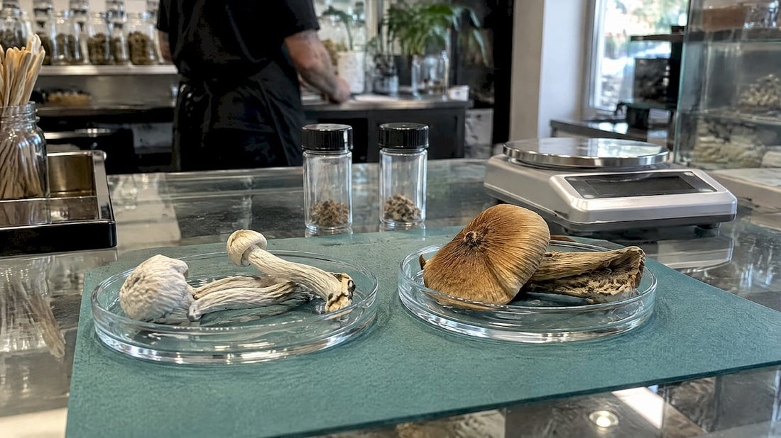 Pale and golden dried mushroom specimens compared