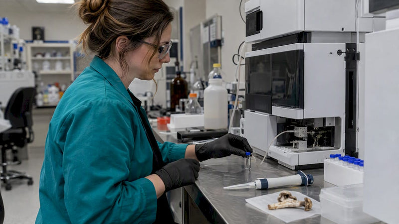 Technician preparing mushroom batch sample testing