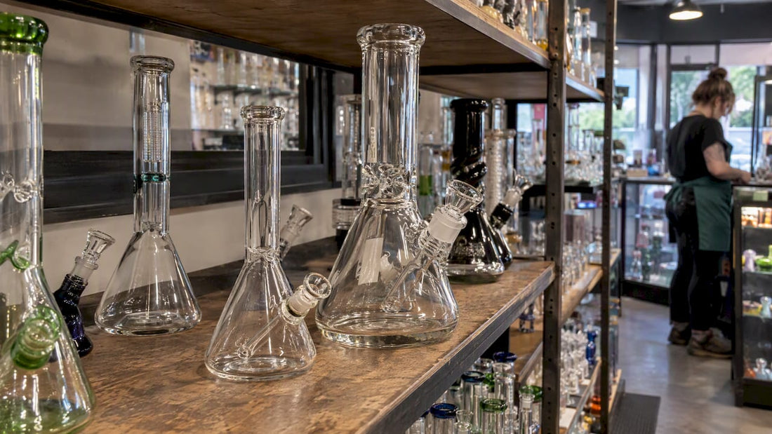 Bong lineup showing different glass thicknesses