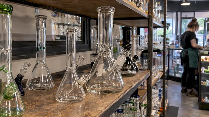 Bong lineup showing different glass thicknesses