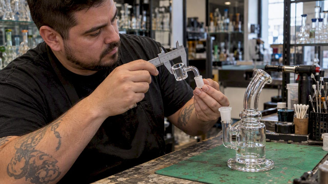 Calipers measuring a quartz banger beside a dab rig