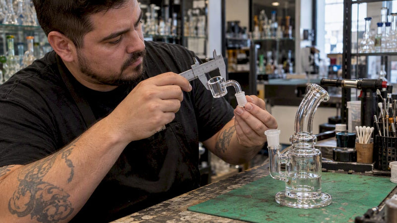 Calipers measuring a quartz banger beside a dab rig