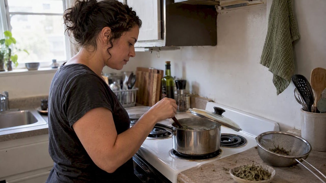 Brewer simmering kratom tea in a saucepan